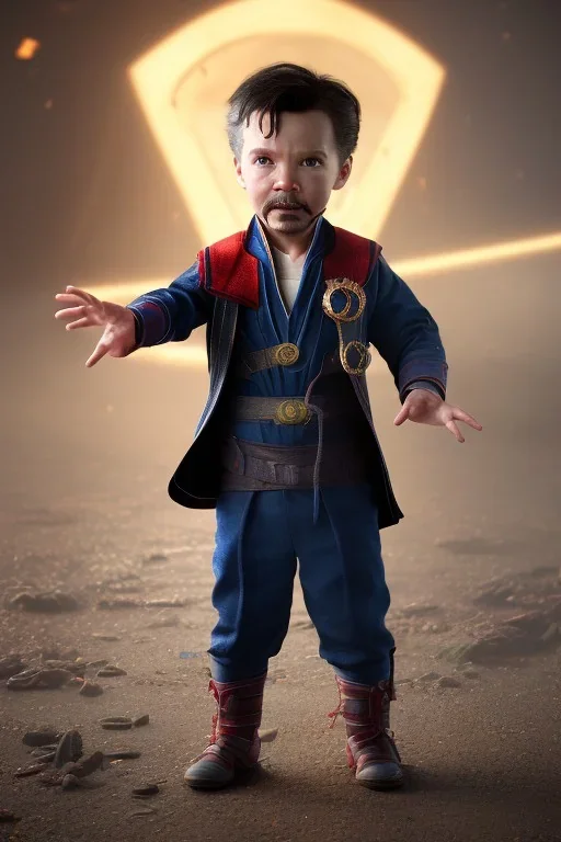 Doctor strange toddler, serious, portal, full body, jump, bokeh, hyper realistic