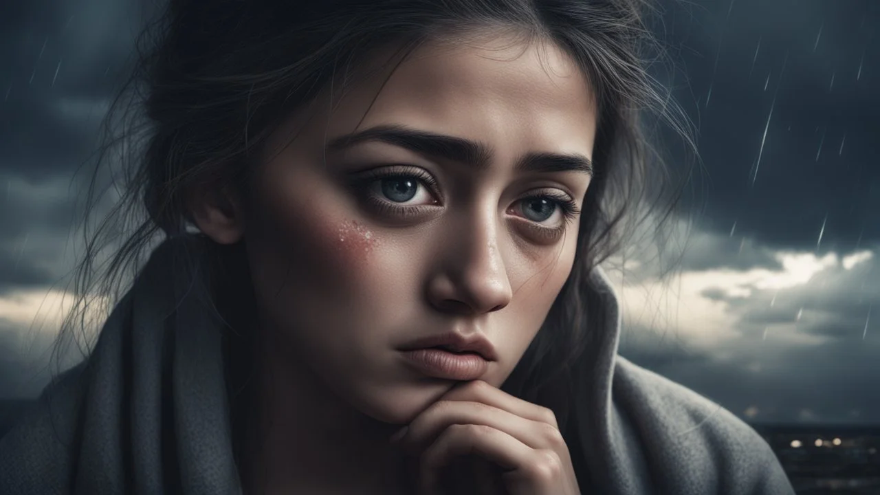 Hyper Realistic Sad young-Pushto-women-showing-tears-in-her-eyes with cloudy sky & dramatic ambiance at night