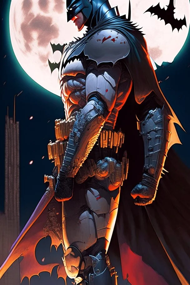 a cyber samurai batman standing in front of a full moon, masayoshi suto and artgerm, artgerm and genzoman, batman mecha, as seen on artgerm, batman beyond, featured on artgerm, artgerm comic, artgerm greg rutkowski _ greg, style of artgerm, artgerm and ben lo and mucha