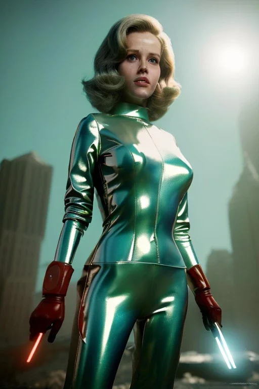 Ultra Realistic retro sci-fi portrait image from 1960, New York, spaceship, sweet young Jane Fonda, tight latex suit, weapon, fighting stance, soft color, highly detailed, unreal engine 5, ray tracing, RTX, lumen lighting, ultra detail, volumetric lighting, 3d, finely drawn, high definition, high resolution.