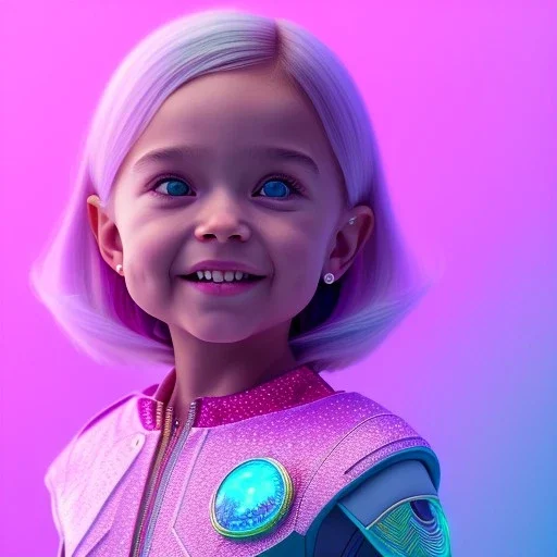 A portrait of a crystalised little girl,smiling, longs hairs, atmospheric, realistic,, cinematic lighting, octane render,, pink turquoise light