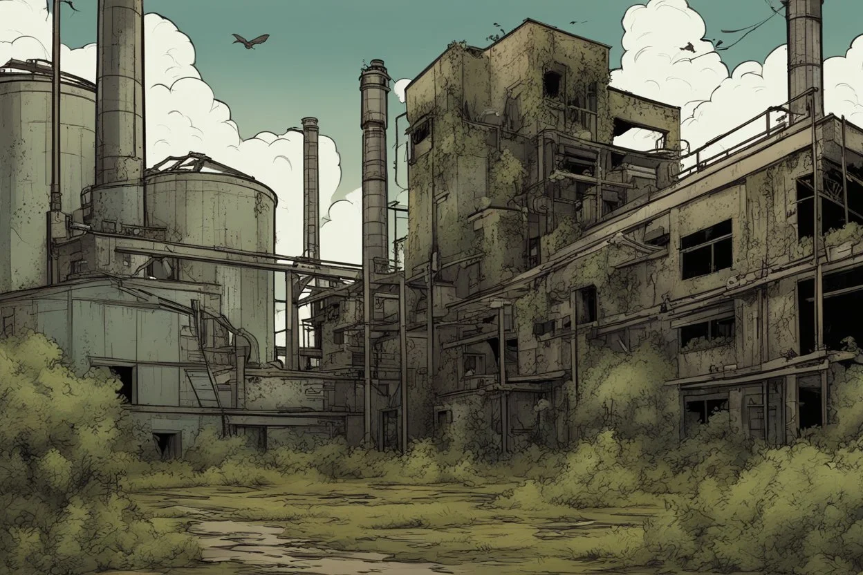 factory , overgrown apocalyptic background, comic book,