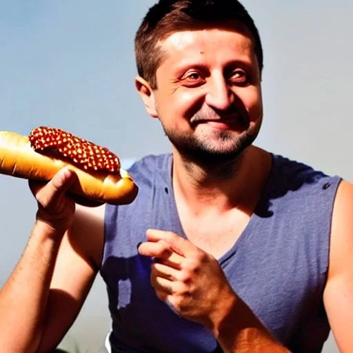 Volodymyr Zelensky WITH A BEARD wearing TANKTOP EATING A HOTDOG