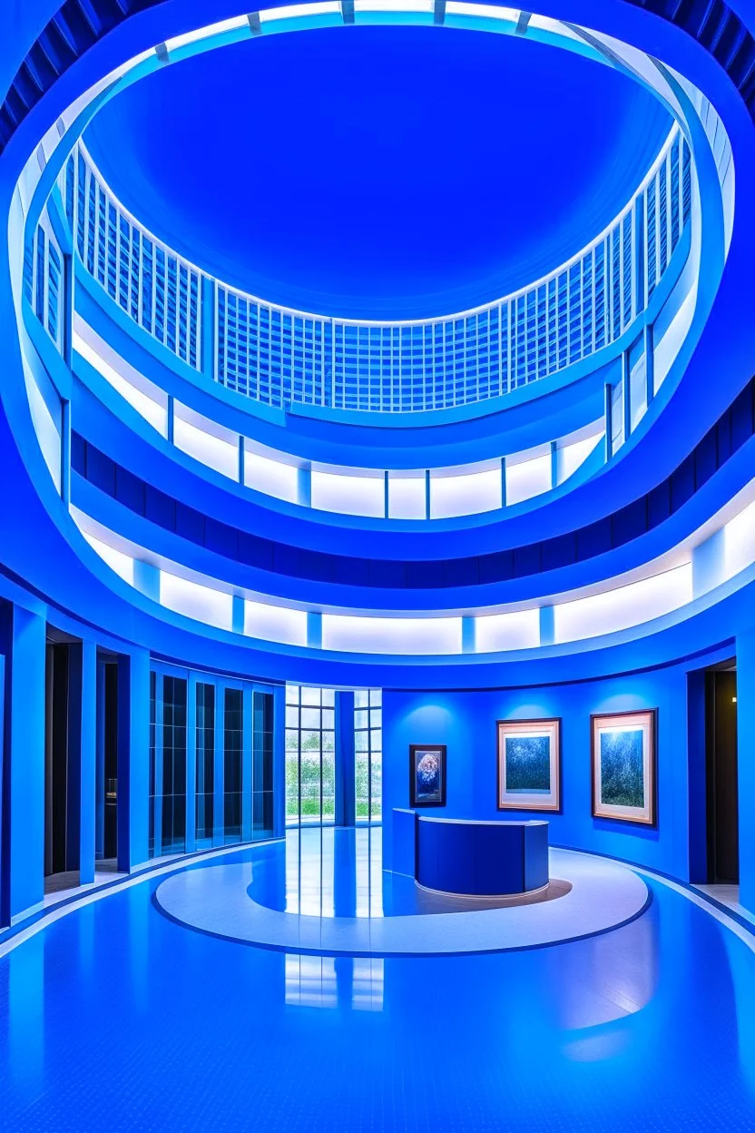 A spiral-shaped gallery with blue walls