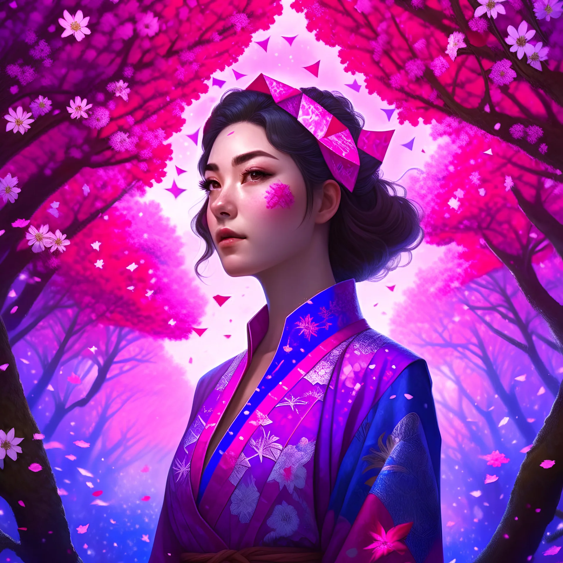 Origami art, highly detailed origami of a forest with small cherry blossom trees, a view of stars and space, vibrant colors, pink cheery blossom, highly detailed, high resolution, a little bit of purple tones, ornate, intricate, complex, digital painting, smooth, art by royo and tom bagshaw.