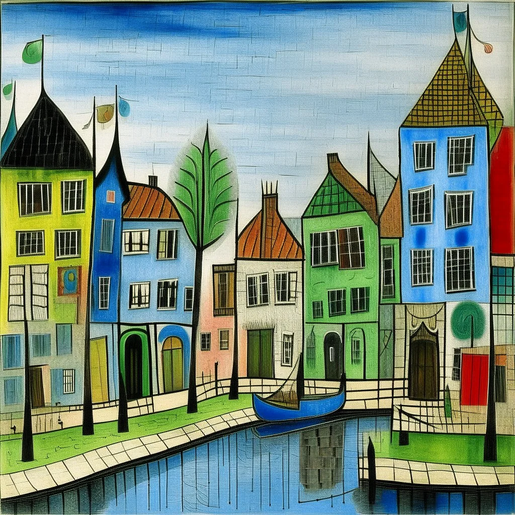 Dutch street and canal In the style of Paul Klee