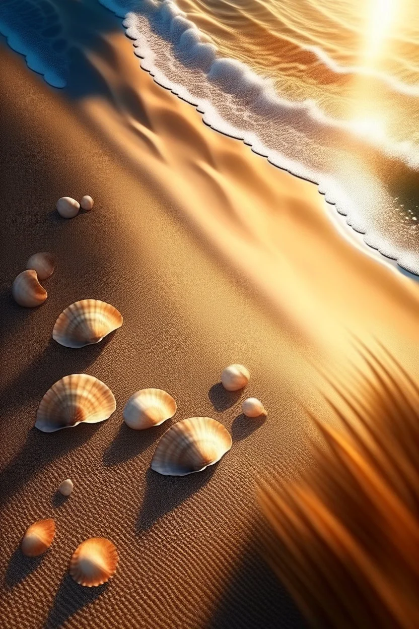 magic sea, beach with sand, shells, realistic, professional photo, 4k, top view, sanrise