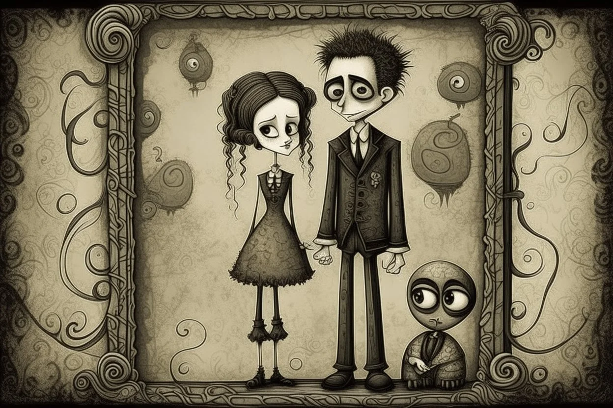 tim burton style characters man woman love vintage framed antique texture