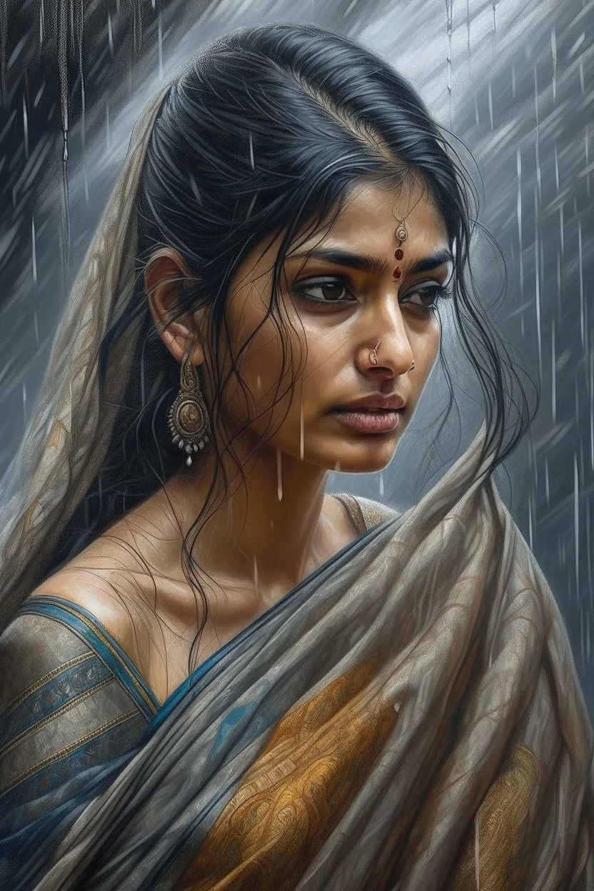 A stunning Indian woman in a damp, off-white saree, her face hidden behind the fabric, stands against a backdrop of rain and wind in a hyper-realistic oil painting by Philipp Weber. The woman's intricate features are highlighted by the artist's skilled brush strokes, capturing the essence of her beauty and vulnerability. The details in the painting, from the delicate folds of the saree to the subtle expression on her face, are incredibly lifelike, truly showcasing Weber's talent and attention to