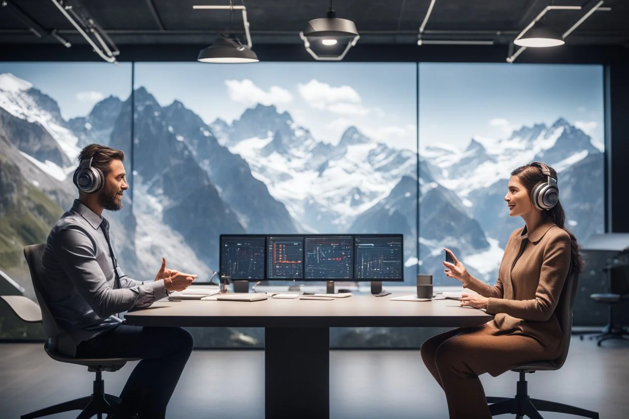 A podcast scene featuring a man and a woman engaged in a lively discussion about AI in finance. The setting is a modern studio with microphones and headphones setup in Swiss mountains. The backdrop showcases elements related to Robotic, satellites, mathematics, language models. The atmosphere is professional yet friendly, reflecting a workshop vibe