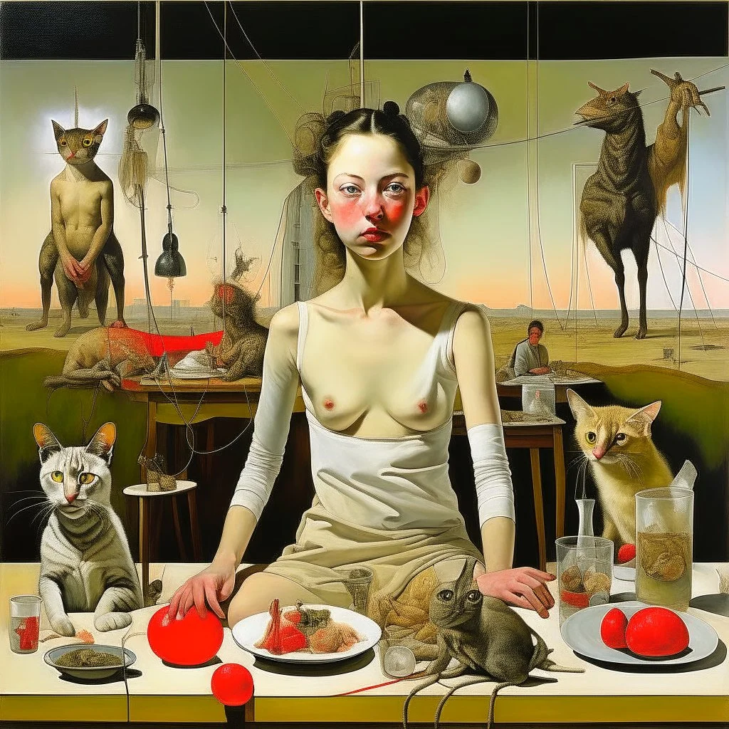 UN conference.a cat and human flesh-like surgical instruments and universe-like a pigeon and neuralink, surrealism,minimalism,Painting By Adrian Ghenie, Rene Magritte, Salvador Dali, Lucian Freud