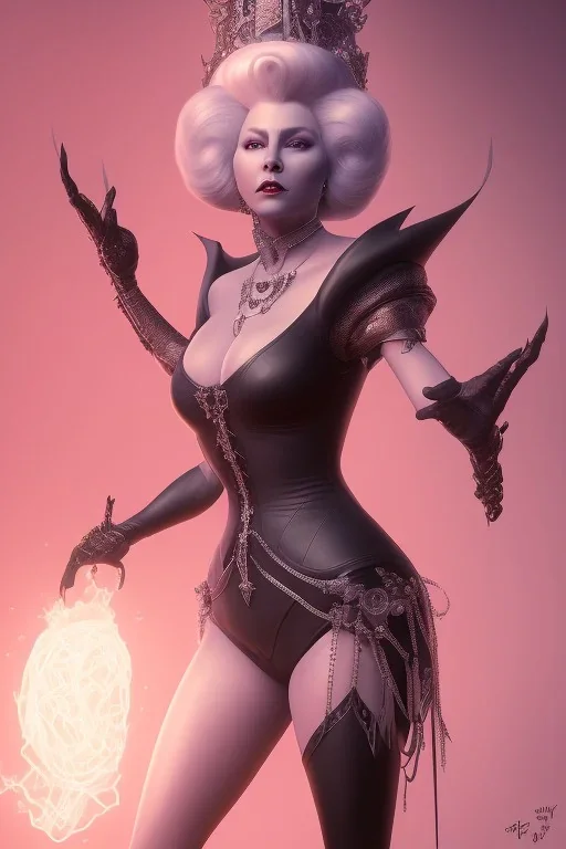 Mae West as evil queen in black leather, leather, busty, cleavage, angry, stern look. character design by cory loftis, fenghua zhong, ryohei hase, ismail inceoglu and ruan jia. unreal engine 5, artistic lighting, highly detailed, photorealistic, fantasy