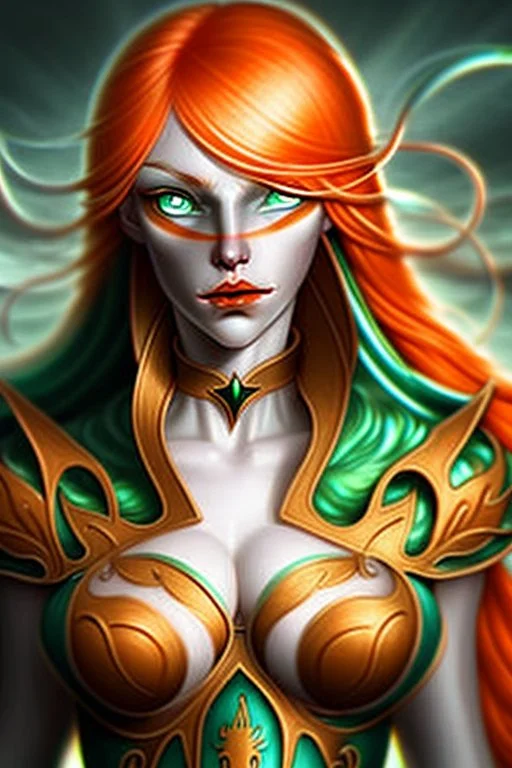 fantasy setting, woman mage with orange and white hair, green eyes, tall and frail, soft facial traits