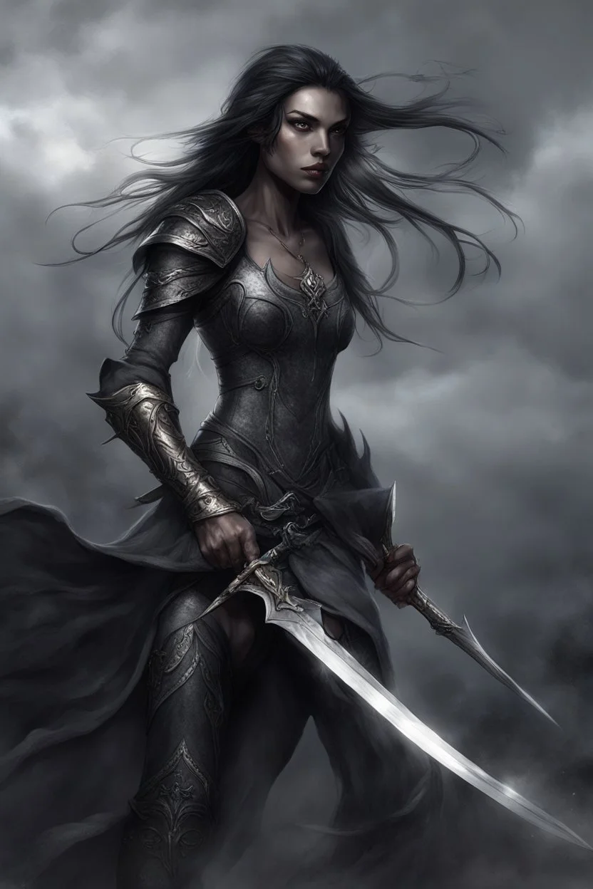 SA female elf with skin the color of storm clouds, deep grey, stands ready for battle. Her long black hair flows behind her like a shadow, while her eyes gleam with a fierce silver light. Despite the grim set of her mouth, there's a undeniable beauty in her fierce countenance. She's been in a fight, evidenced by the ragged state of her leather armor and the red cape that's seen better days, edges frayed and torn. In her hands, she grips two daggers, add dark shadow mystic purple flames