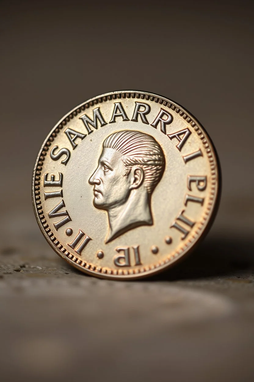 view of the word, SamarrraiAI , on a coin ,with picture of , man head in the middle of the coin