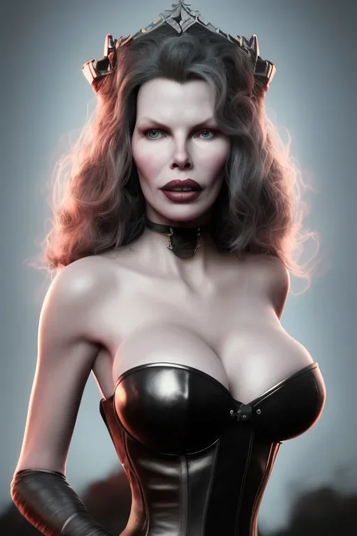 Kim Basinger as evil queen in black leather, busty, cleavage, curvy, angry, happy, stern look. character design by cory loftis, fenghua zhong, ryohei hase, ismail inceoglu and ruan jia. unreal engine 5, artistic lighting, highly detailed, photorealistic, fantasy