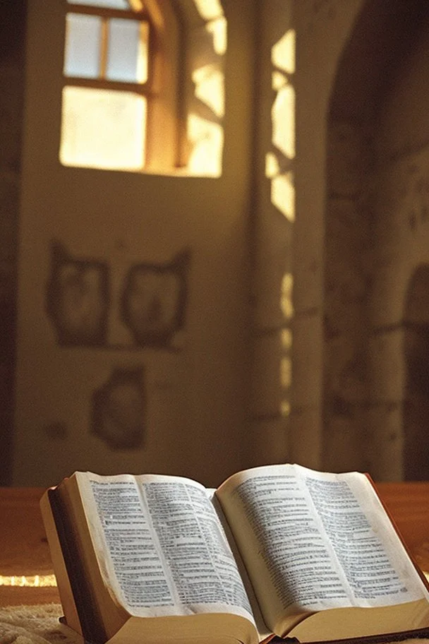 The Bible is in a room without a window, and above it are several question marks