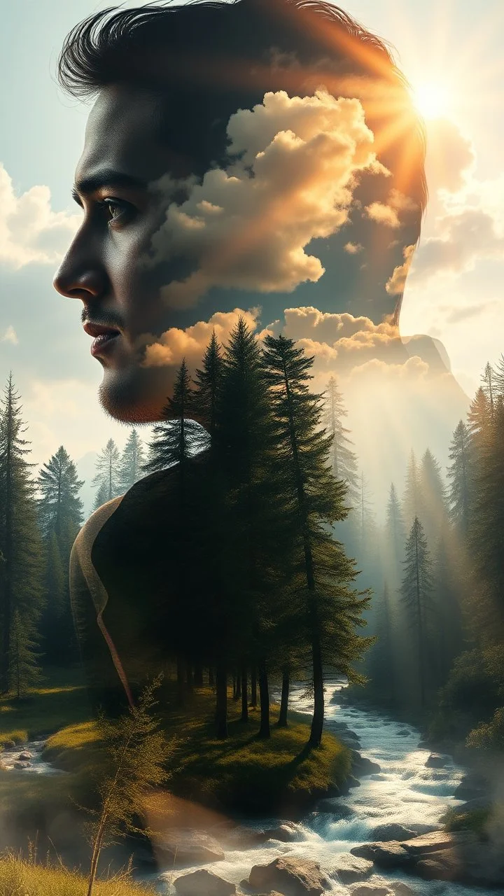 portrait of a man and a woman and a child , Double exposure surreal digital art of a mysterious , his face in profile, blending seamlessly into the shape of the clouds . a magical forest scene unfolds, illuminated by golden light rays, with tall trees and a flowing river.