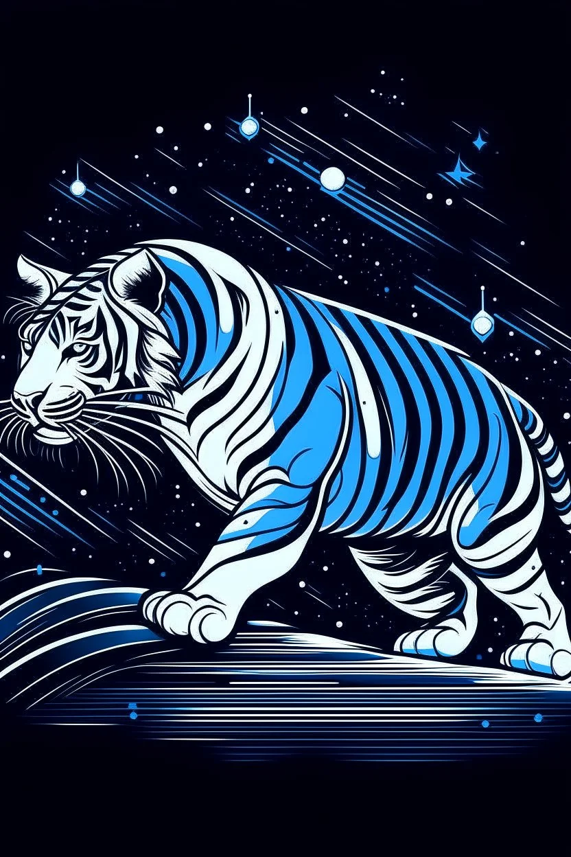 A sleek, silver TAIGER with a single, neon fin, cruising through a starry night sky. Style: Art Deco, Mood: Mysterious and Glamorous, Lighting: Deep blue with neon highlights, T-shirt design graphic, vector, contour, white background.