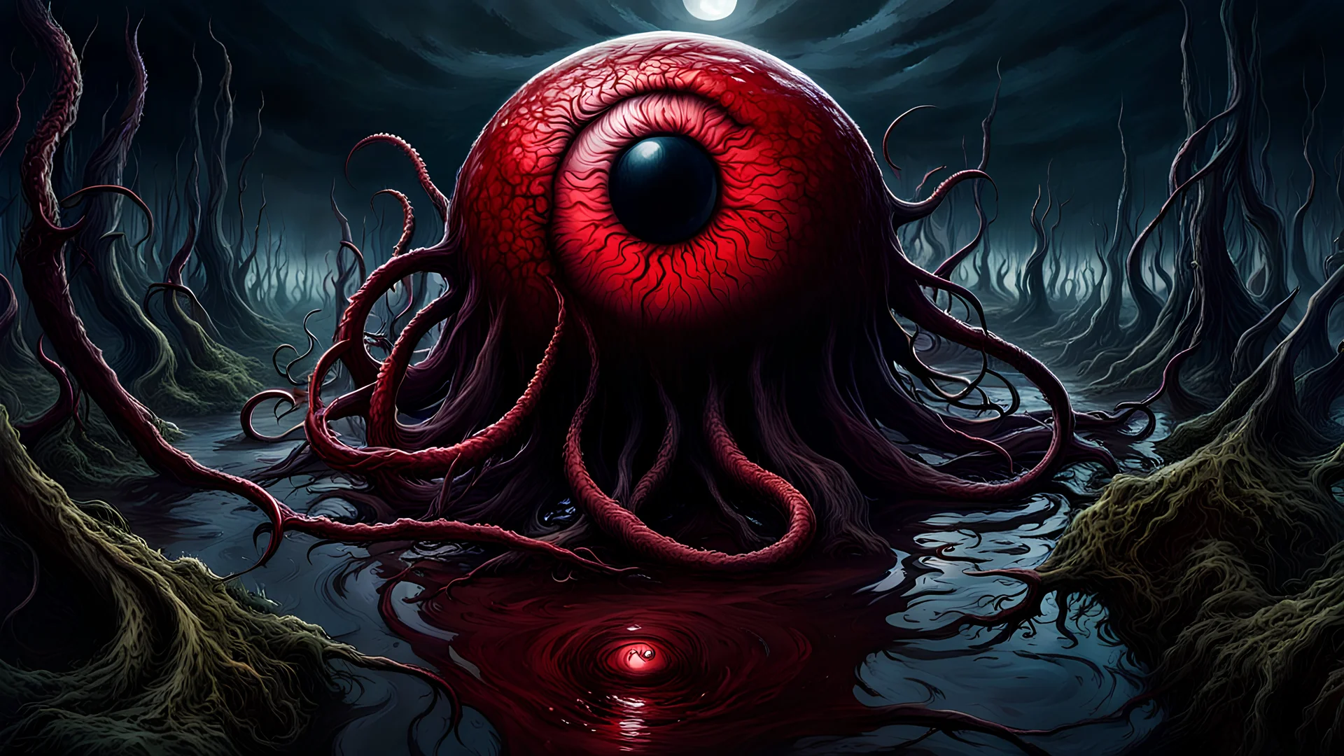 A demonic, blood-shot, crimson eyeball walking on tentacles in a blood swamp at night. Dariusz Zawadzki, dark, morbid, macabre, horror Gustave Doré Greg Rutkowski, Pulsating Veins, Hyperrealistic, splash art, concept art, full shot, intricately detailed, color depth, dramatic, wide angle, side light, colorful background Professional photography, bokeh, natural lighting, canon lens, shot on DSLR 64 megapixels sharp focus