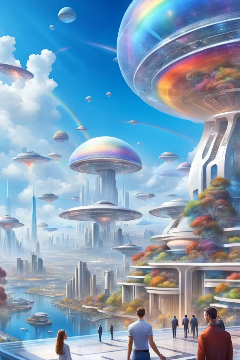 ville futuriste ultra moderne, ufos,rainbows,intergalactic city, cristal