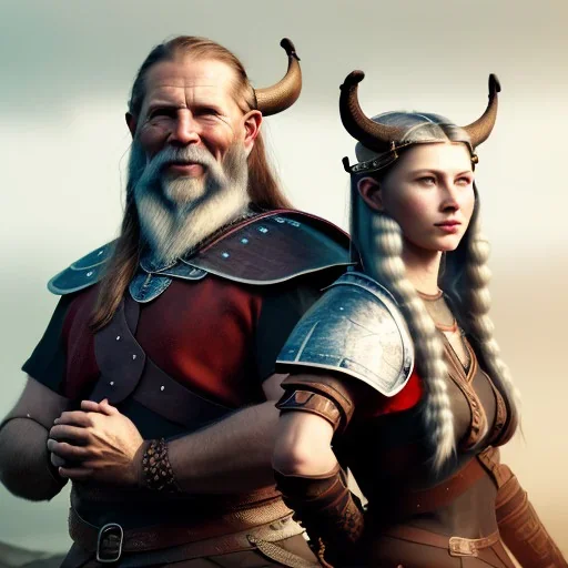 Viking theme, a younger woman sitting next to a 50-year-old man, portrait, 8K, close-up face, anatomically perfect face, Highly detailed stunning full frame portrait, misty and cloudy atmosphere