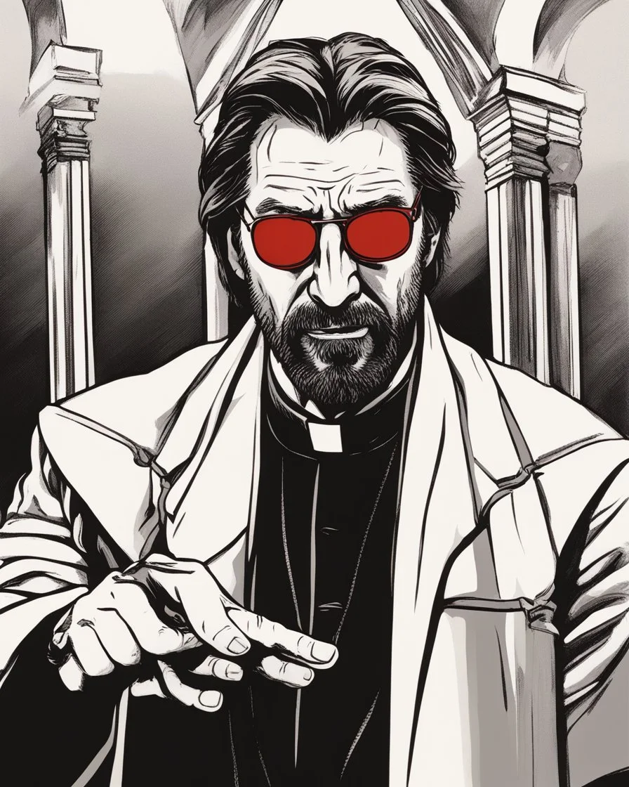 hans gruber as an angry priest wearing red sunglasses