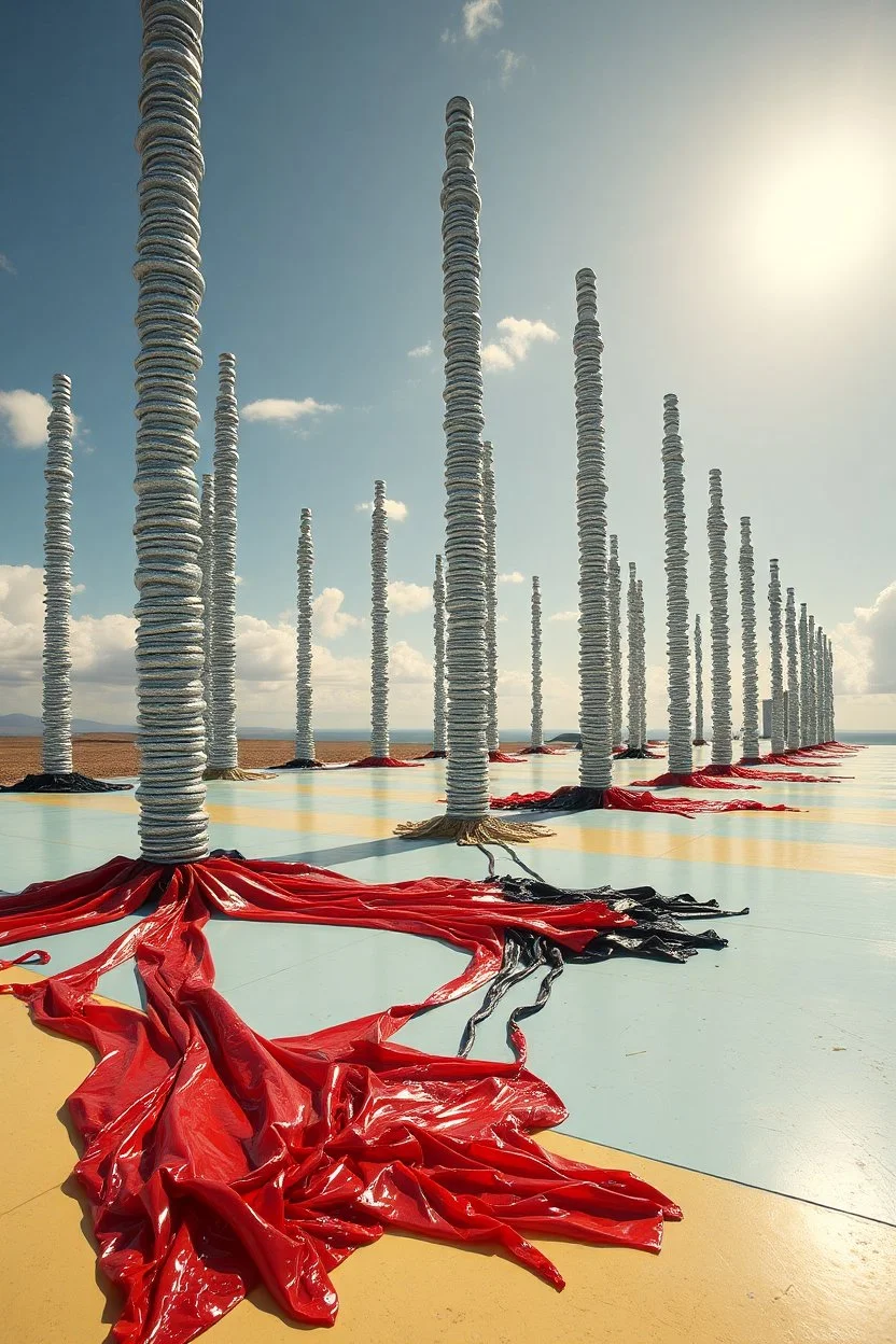 Fotografia di una superficie piatta di colore azzurro chiaro e giallo pastello, su cui si ergono alcuni giganteschime immense enormi spindle-shaped structures di forma indefinita, fatte di materiali vari, ricoperte da materiale plastico argentato, rosso, e nero, che scende a terra. Max Ernst, René Magritte, Joan Miró, Amano, Piet Mondrian, paranoic, obsessive, nightmare, aria aperta, sole, nuvole, glossy, surreal, hasselblad h6d400c --ar 85:128 --v 6.