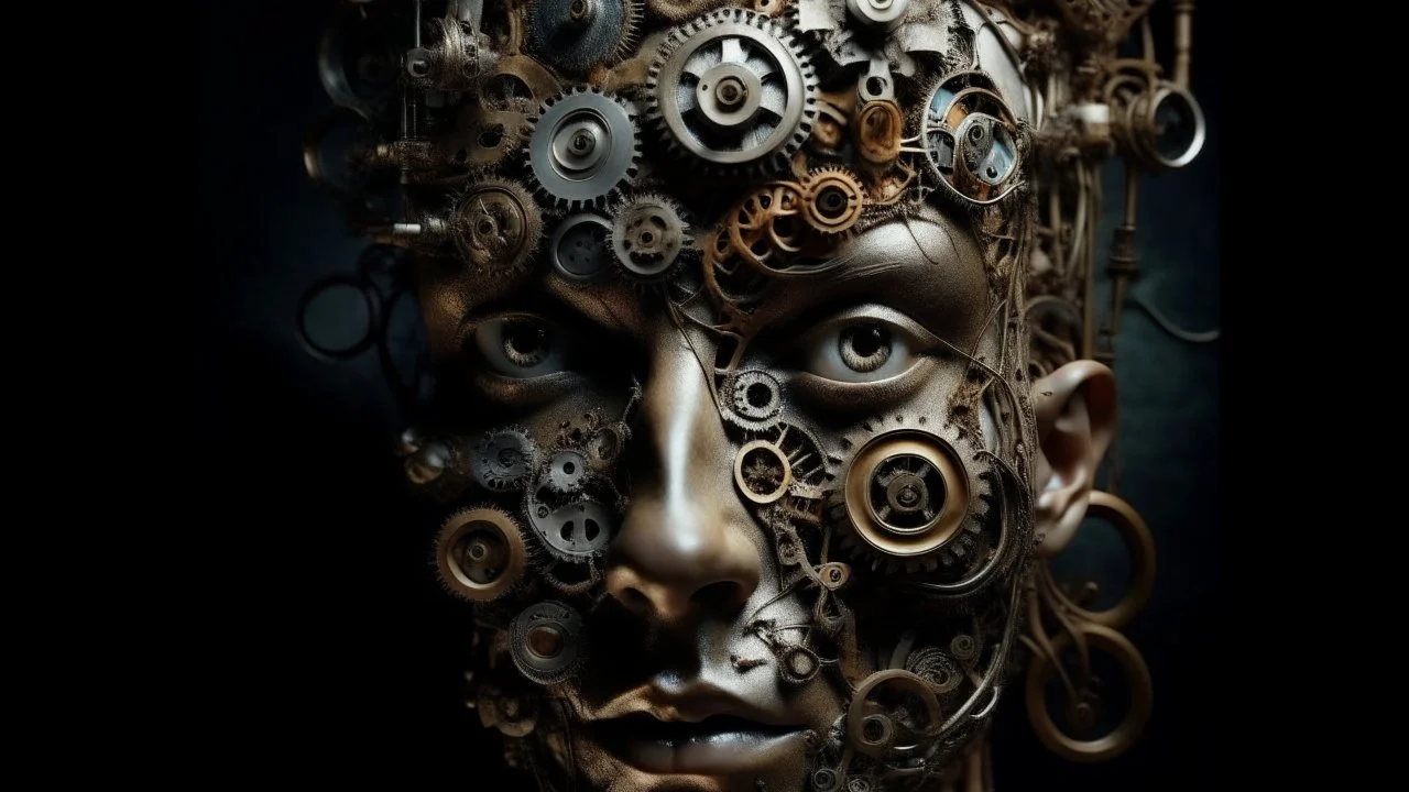 A surreal, abstract portrait of a human face made up of various mechanical and organic elements, including gears, wires, and organic textures. The face appears to be partially obscured or distorted, creating a sense of mystery and complexity.