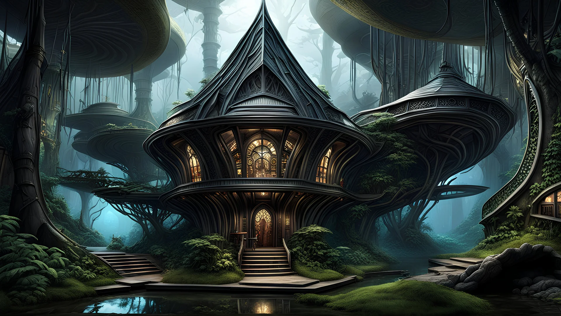 (beautiful:1.5) intricately detailed (hut:1.5) in an (alien forest:1.5) with glossy (blown glass:1.5) walls, Myst, Riven, Uru, Frank Lloyd Wright, H.R. Giger, morbid fine arts, dark fine arts, macabre fine arts, dynamic lighting, epic, 8k resolution, iridescence, trending on Artstation, deep color, vibrant, warm colors, sharp focus, horror, Gustave Doré Greg Rutkowski, Hyperrealistic, splash art, concept art, mid shot, intricately detailed, color depth, dramatic, 2/3 face angle, side light, colo