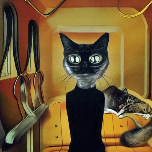 surreal cat in a train in style of salvador dali painting