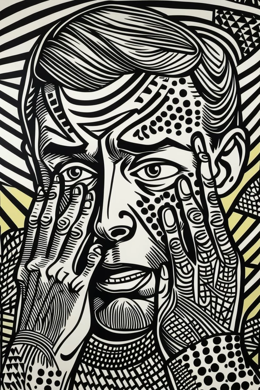 tribal man in grief with hands on face pencil draw style of roy lichtenstein