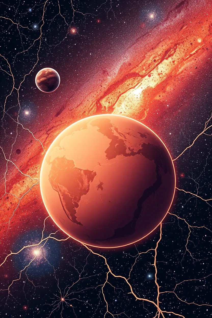 neurones in the galaxy with earth and other planets in it, thine line draw style, show a shot of a view of Mars surface