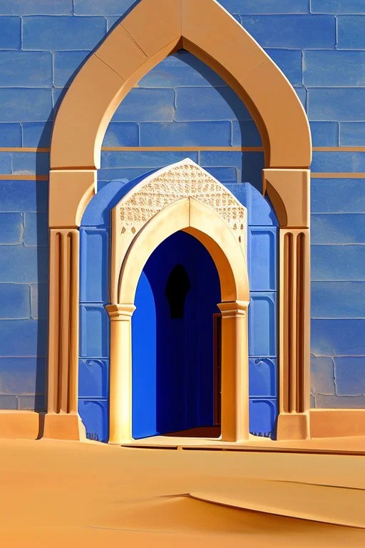 An open gothic_arab doorway in a tiled blue wall with a view of a desert landscape