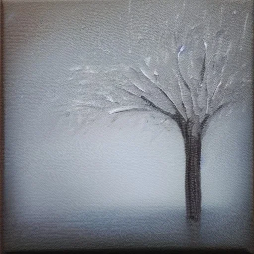 tiny oil painting of tree in white fog, plain white background, solid white background, tiny white canvas, tiny white frame, plain white wall, melancholy, tender, moody, vintage, delicate arrangement, beautiful composition, etsy, aesthetic layout, plain solid white background