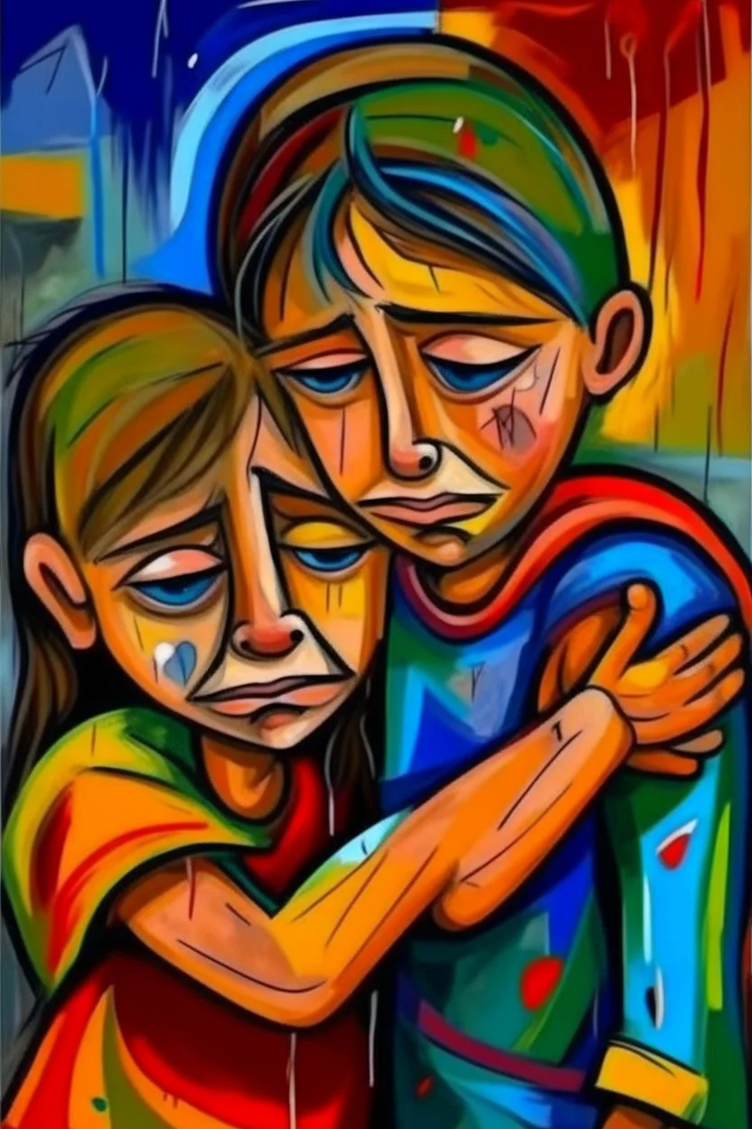 a girl hug her brother and both crying sadly, expressionism, Pixar style, in abstract art Basquiat, Picasso, Miro, Kandinsky, Klee, Birell, Fairey, Ardon, Buffet aand Picasso style, HD --s 750 --v 5.1 --style raw, water color