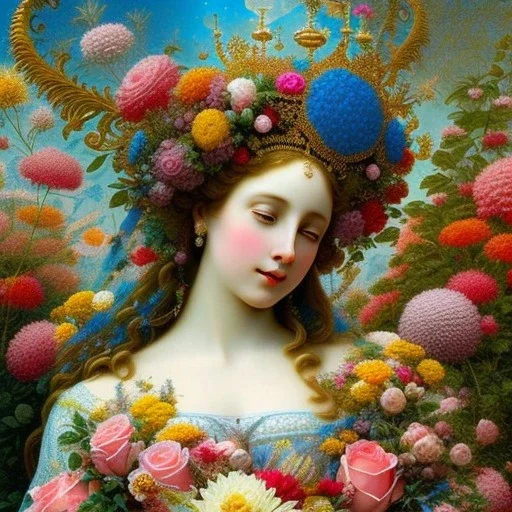 a close up of a statue of a woman surrounded by flowers, digital art, inspired by james christensen, rococo, photography alexey gurylev, crown of blue flowers, clothes made out of flower, agostino arrivabene, jean-sebastien rossbach, portrait of virgin mary, dressed in ornate, shaxi