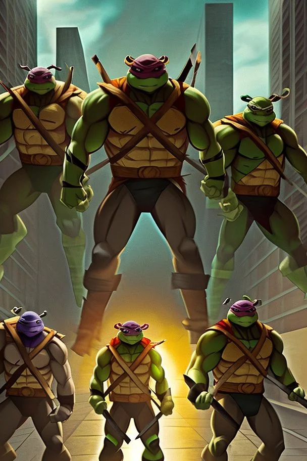 [teenage mutant ninja turtles, blurry background, city underground]Four TMNT in their iconic scene