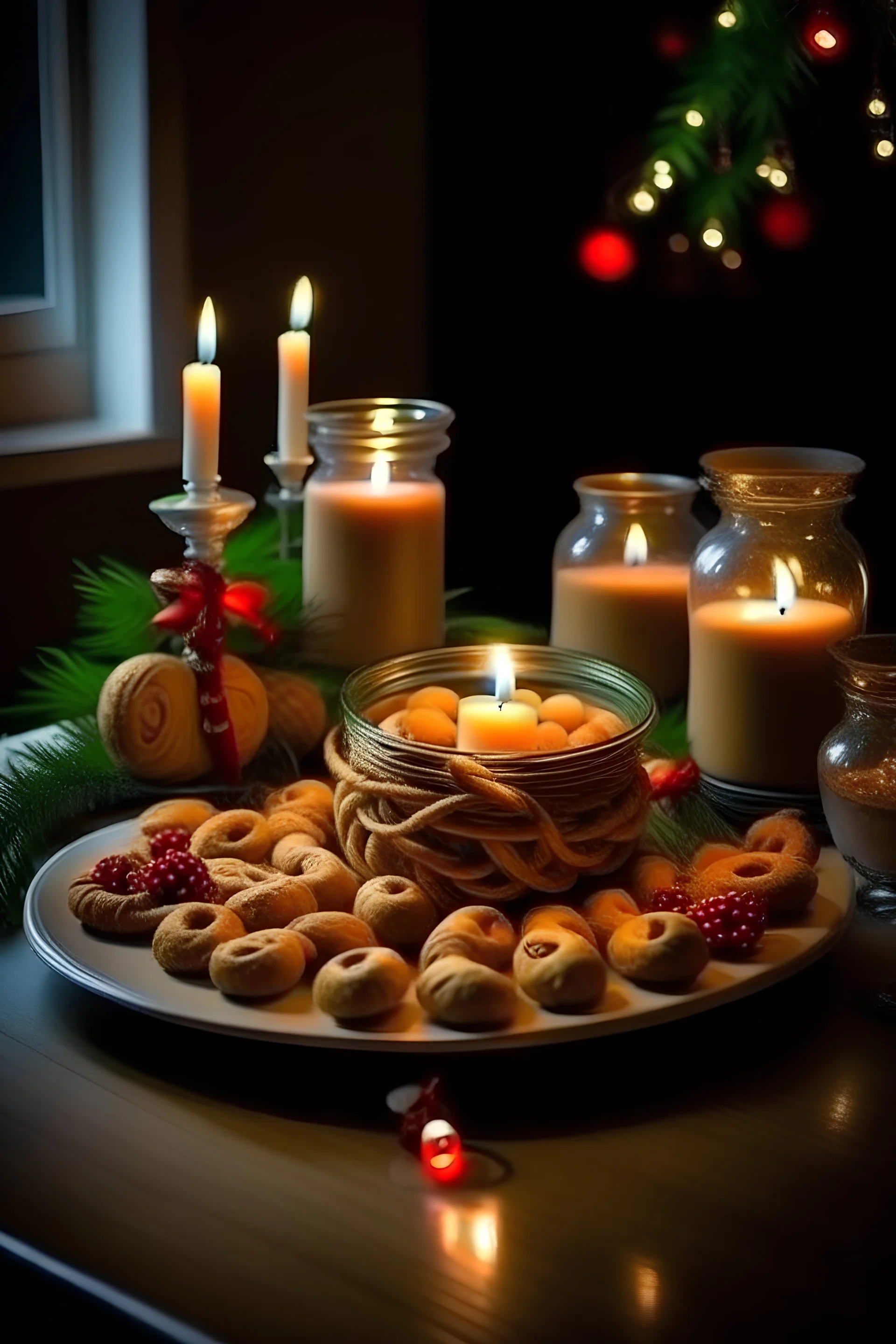 Christmas, there is an Advante wreath and four burning candles on the table. A jar of gingerbread! Decorations for Christmas trees.