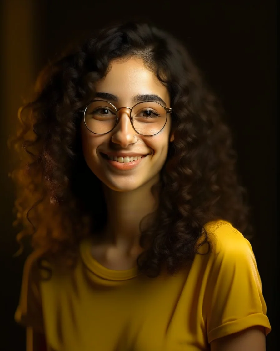 Jeune femme au sourire éclatant, longue et élancée, nez fin et petit, cheveux noirs, longs, bouclés et volumineux, porte de grandes lunettes rondes à la monture transparente. Elle porte un t-shirt de couleur jaune moutarde avec une chemise florale transparente. Rembrandt style lighting, 8k, portrait, HD.