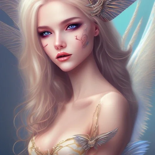 magnifique belle sexy fairy souriante avec de magnifiques ailes et des cheveux longs blonds,yeux bleus