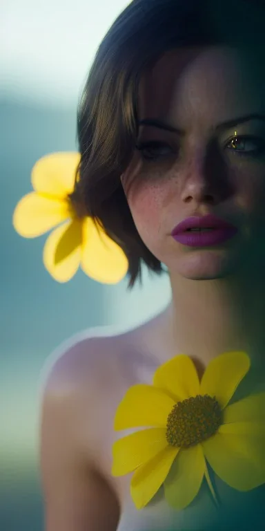 Emma Stone no underwear with yellow flowers for hair, closed eyes, rtx, reflection, 8k, glow, winning photography, caustics