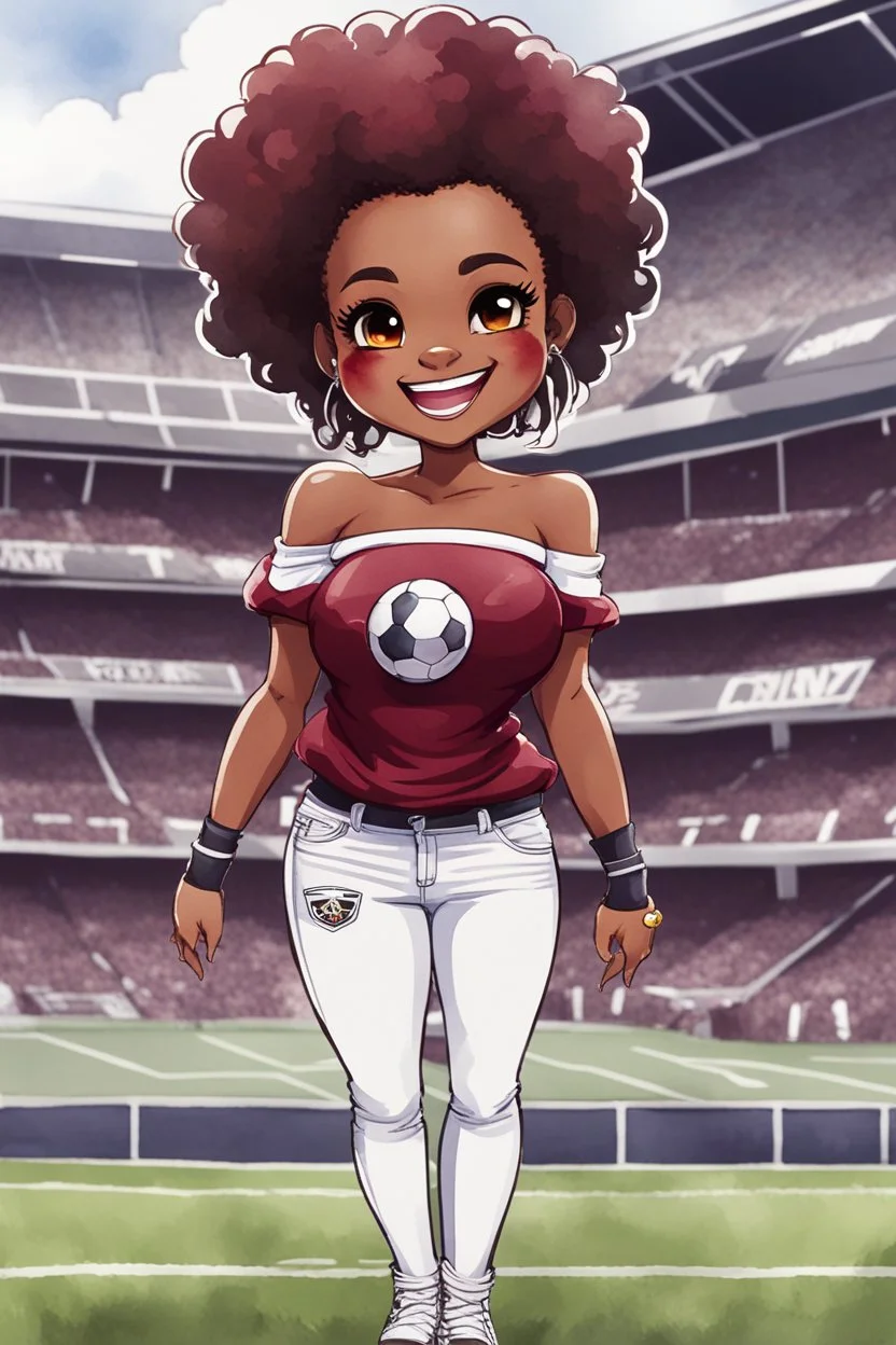 A sassy thick-lined watercolor cartoon image of a black chibi girl standing in front of a football stadium. She is wearing a off the shoulder Garnet, black and white jersey blouse and tight white jeans behind her curvy body. Looking up coyly, she grins widely, showing sharp teeth. Her poofy hair forms a mane framing her confident, regal expression. Prominent makeup with hazel eyes. Hair is highly detailed.