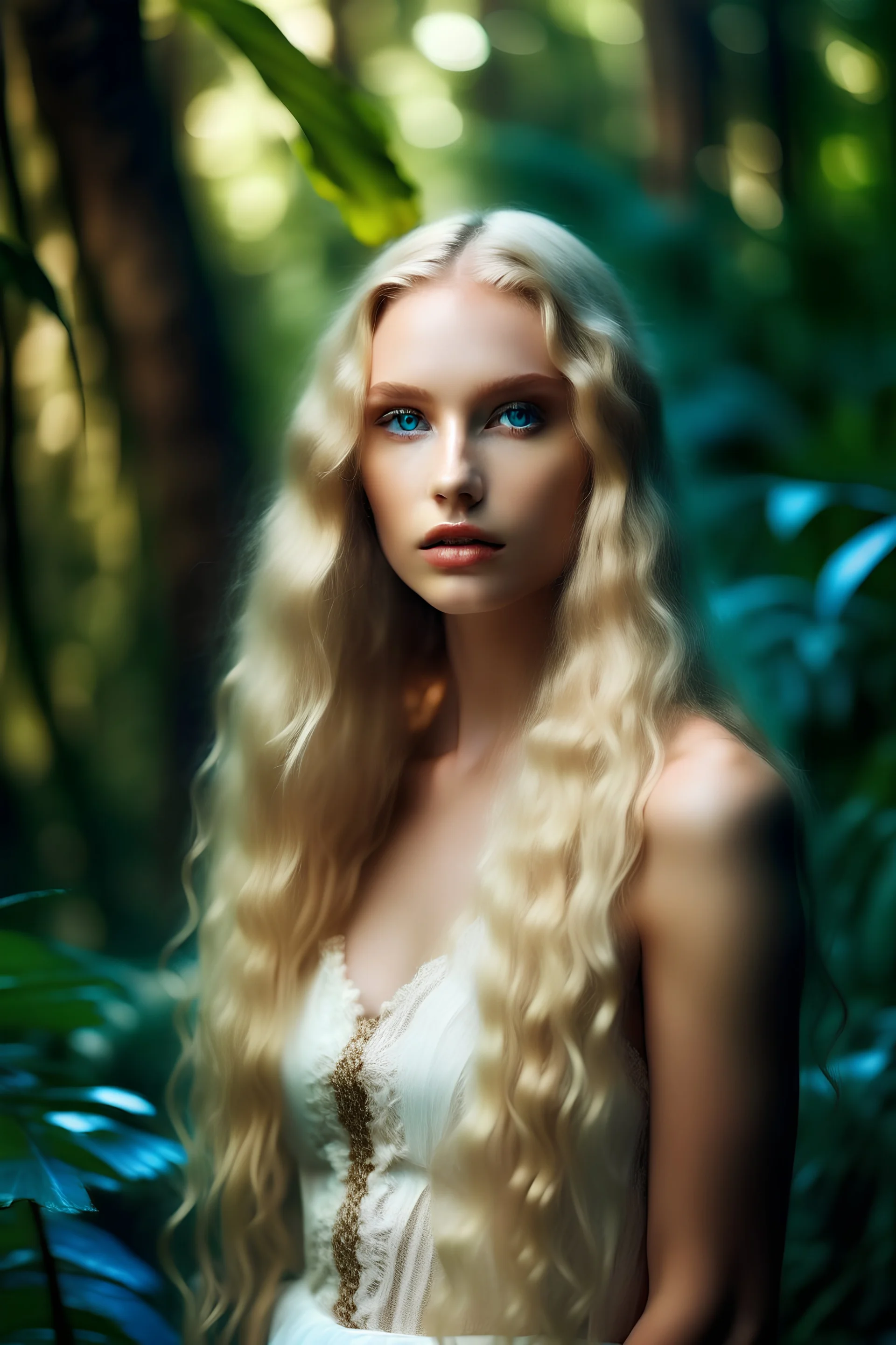 Royal and luxurious White Caucasian Blonde Young Woman with Blue Eyes, full lips, and long hair, unblemished and flawless. In a dense African Jungle. Hourglass figure.