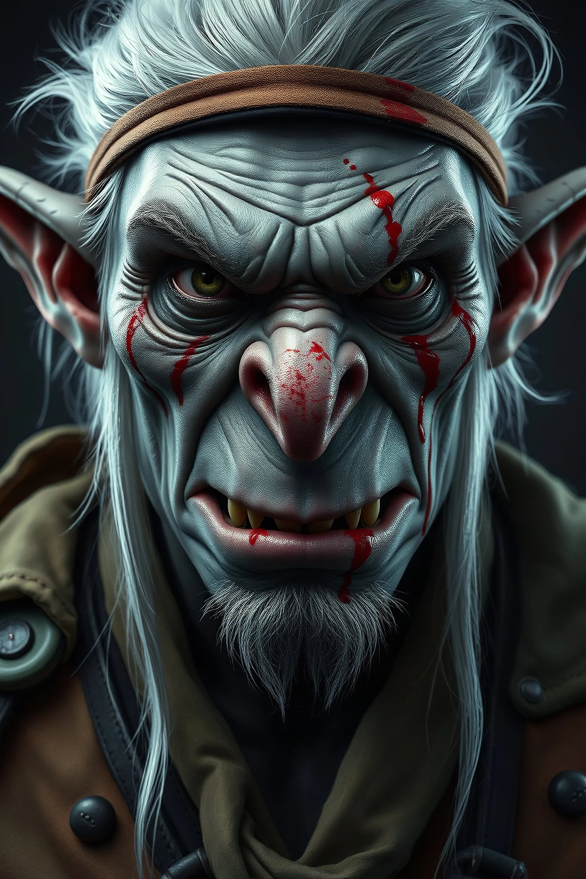 Create a chilling and unsettling close-up photograph of an elf-looking aggressive orc with gray skin and white hair, dressed in a pirate-style explorer's outfit. The orc's face should express excitement and a thirst for adventure. The image should be painted with a dark background. The most disturbing aspect is the bloodstains around the eyes, on the nose, and around the mouth. The background should be dark and gloomy, adding horror and unease to the scene, styled as a vivid, dark fantasy