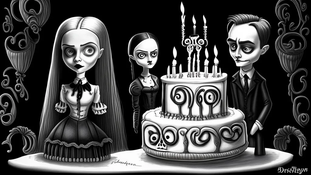 draw a birthday cake with logo number 23 or one candle 23 .Insanely detailed Addams Family movie still with Barbie dolls, art by tim burton