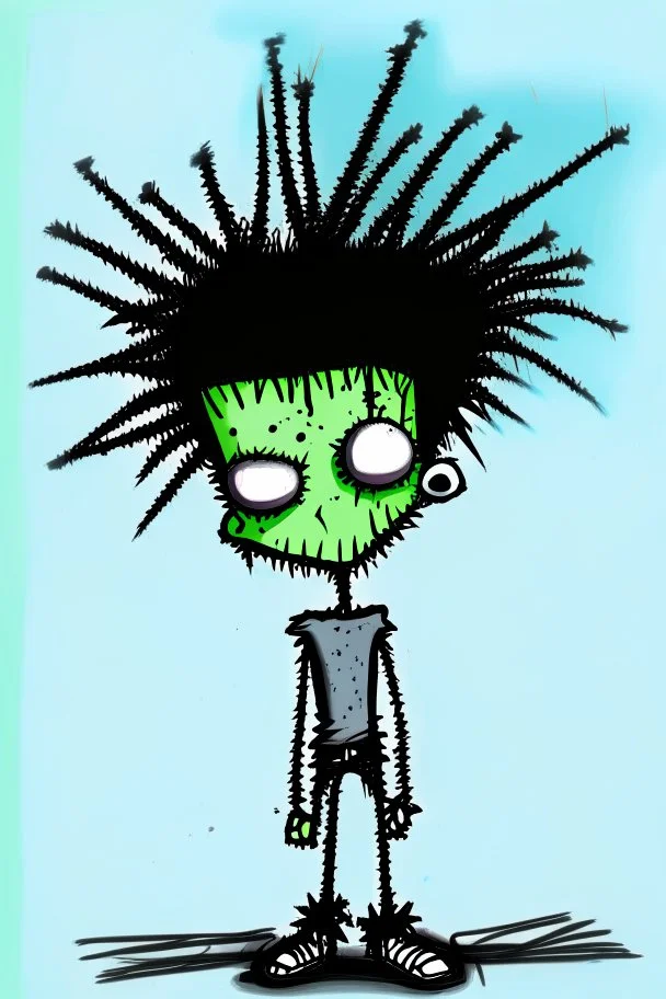 2d drawing of a stickman, cool with punk hair, x eyes like in hangman, dead on stomach ,3d realistic in colour