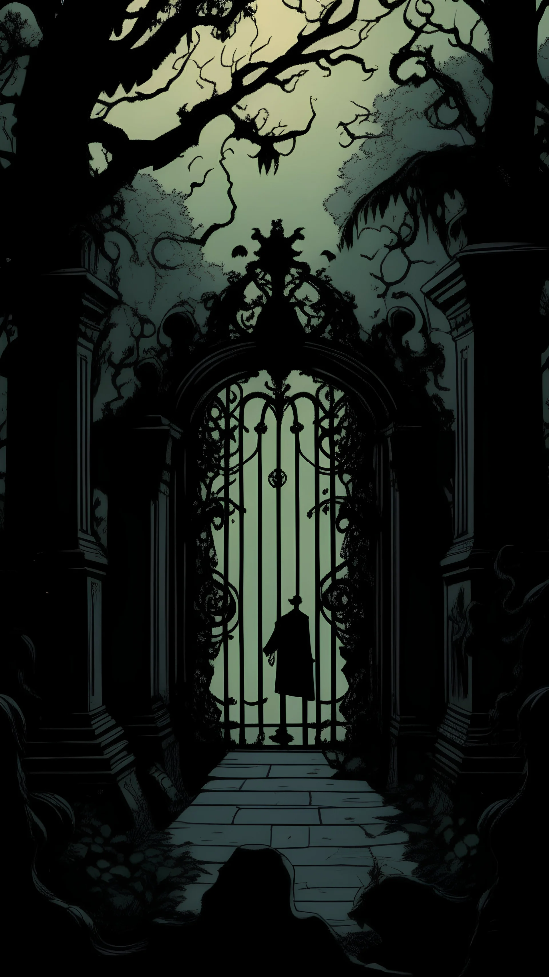 In the Comic book style of mike mignola. The wrought iron gate of the mansion creaks eerily as it swings open, its rusty hinges protesting against the passage of time. The moonlight casts long, twisted shadows across the overgrown path, while tendrils of fog curl around the gateposts. The figure hesitates at the threshold, uncertain of what lies beyond.