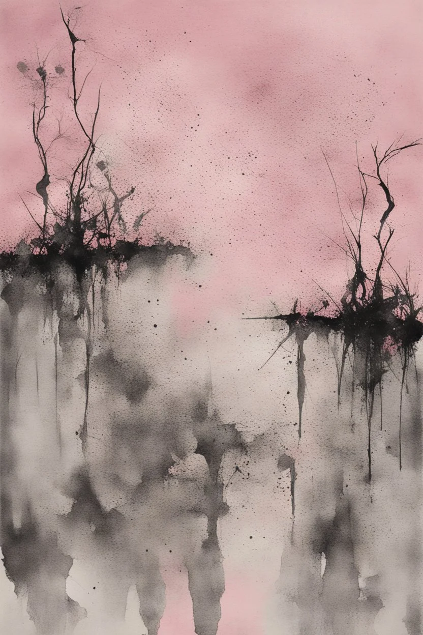 Objectivity is a myth of the grasping mind and exists only in the open heart; ink wash with powder pink splatters