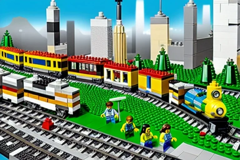 Lego train+in realistic big city